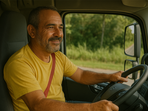 Caminhoneiro dirigindo um Volvo FH
